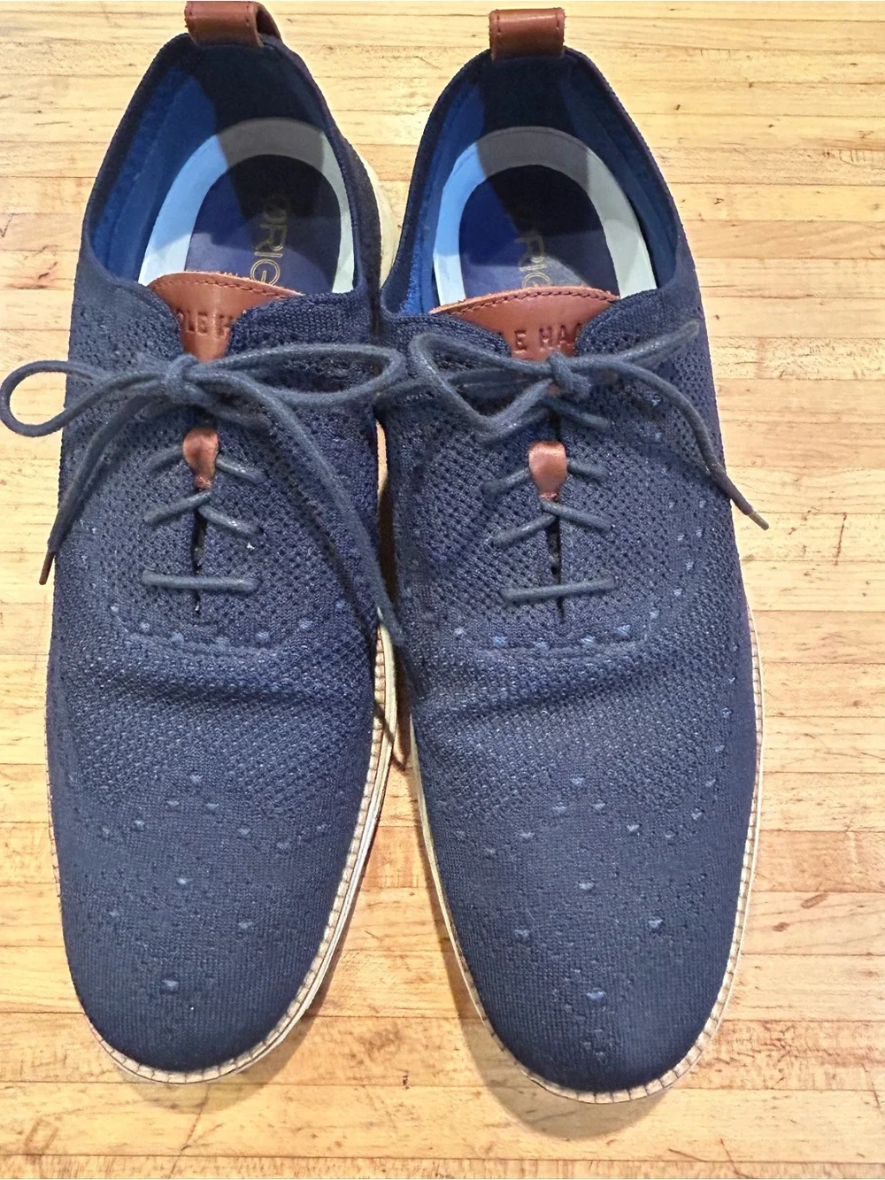 Cole Haan Navy Knit Lace-Up Slip-On Loafers with Tan Accents
